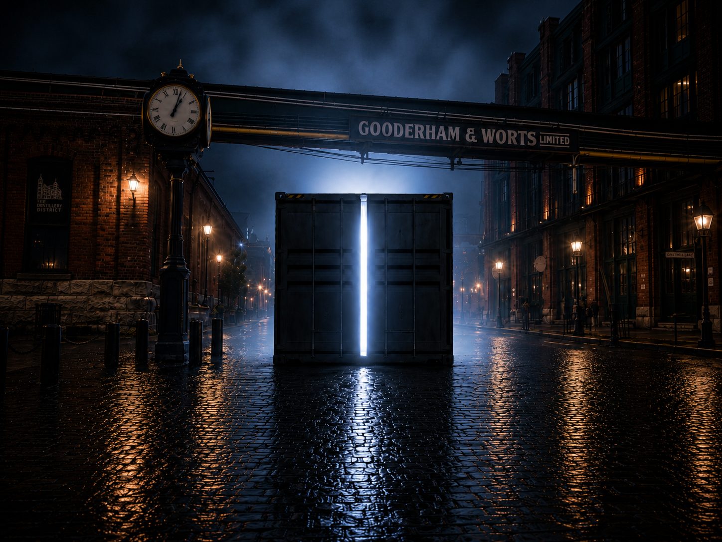 A lit shipping container standing on a wet cobbled street in the Distillery District at night, under the Gooderham & Worts sign