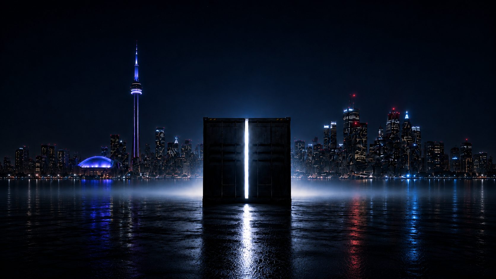 A lit shipping container standing in the Toronto skyline at night