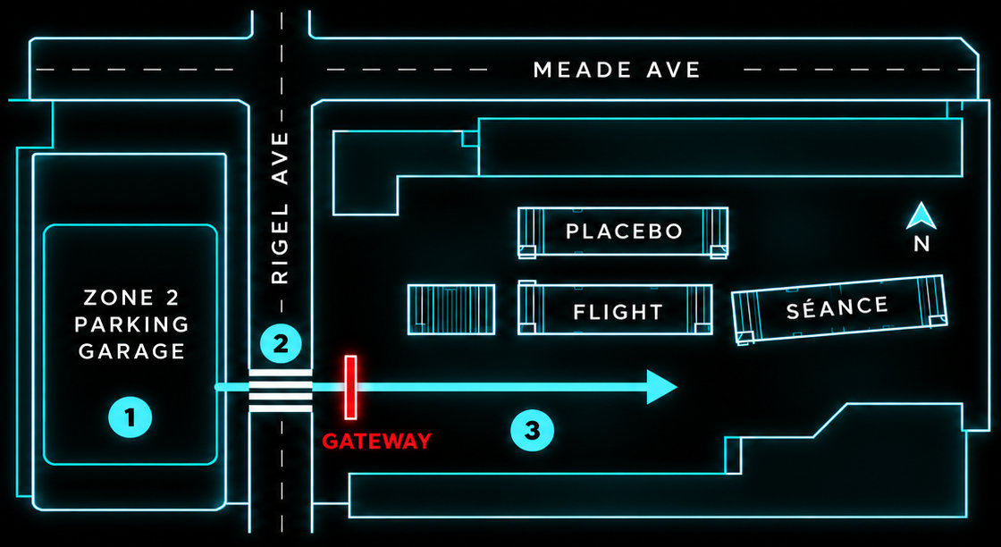 Map: Zone 2 garage, crosswalk over Rigel Ave, red gateway, DARKFIELD containers on the left